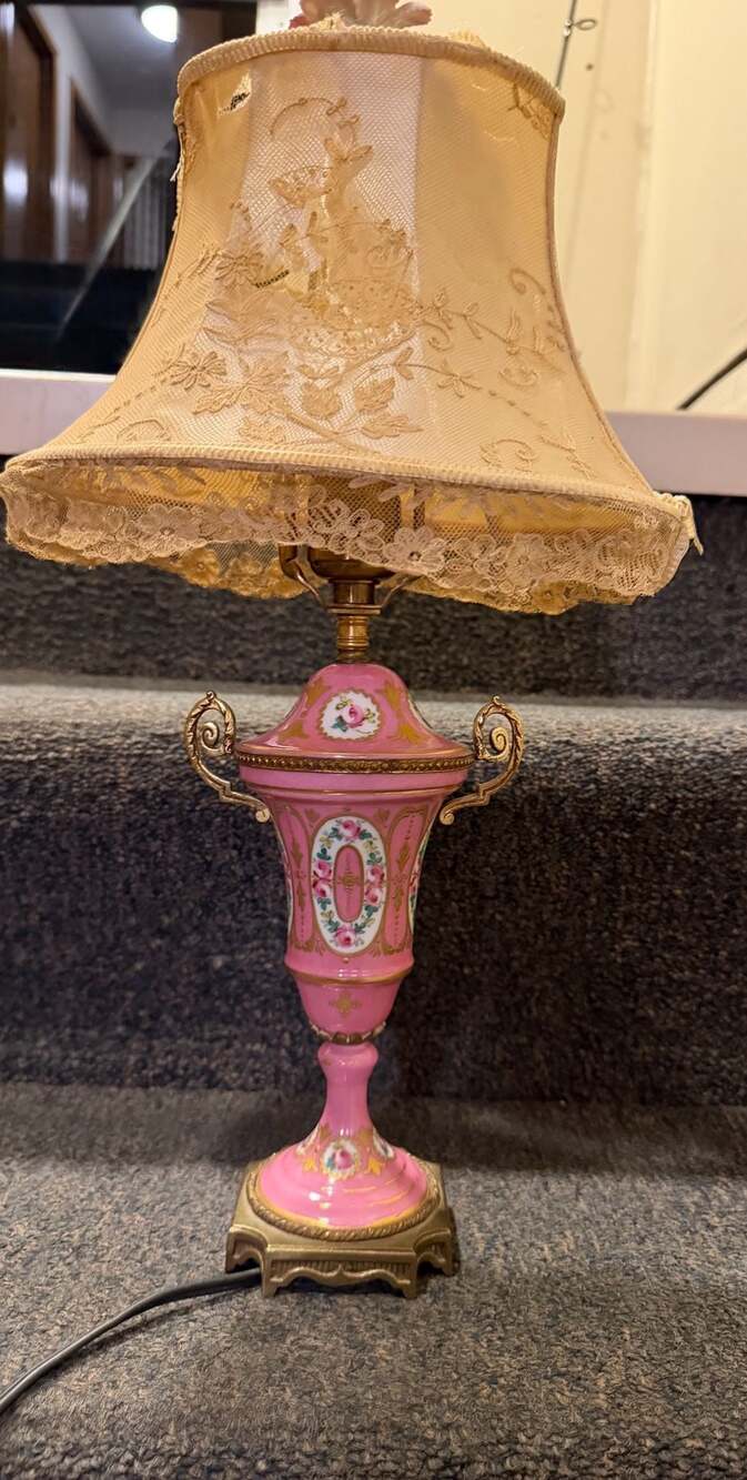 Vintage French Porcelain Urn Table Lamps with Lace Shades, Pair